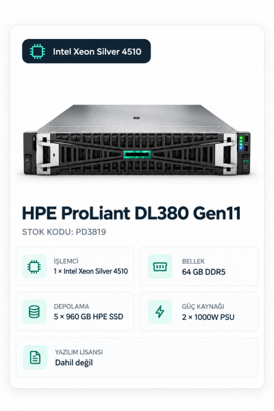 HPE Srv DL380 Gen11 1*Xeon Silver 4510 (12C/2.4GHz) 64GB DDR5 5x960GB HPE SSD (8x2.5”) MR408i o/4GB 4x1GbE ILO Std. 2x1000W PSU 2U Rack