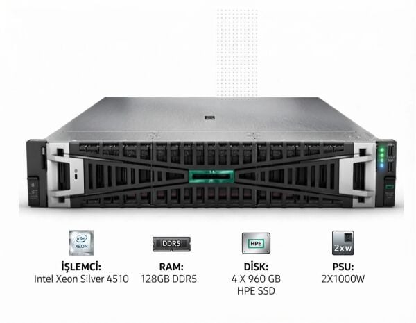 HPE Srv DL380 Gen11 1*Xeon Silver 4510 (12C/2.4GHz) 128GB DDR5 4x960GB HPE SSD (8x2.5”) MR408i o/4GB 4x1GbE ILO Std. 2x1000W PSU 2U Rack + MS Windows Server 2025 Standart 16 Core