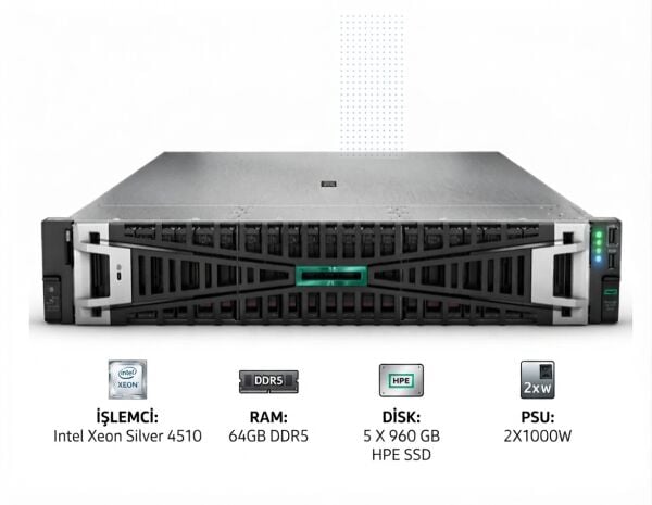 HPE Srv DL380 Gen11 1*Xeon Silver 4510 (12C/2.4GHz) 64GB DDR5 5x960GB HPE SSD (8x2.5”) MR408i o/4GB 4x1GbE ILO Std. 2x1000W PSU 2U Rack