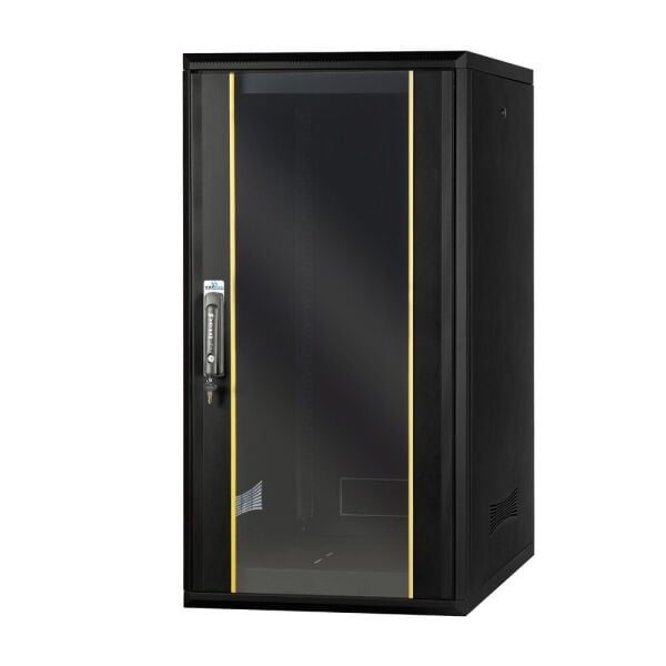 22U6010 AGER 600x1000 siyah dikili tip kabinet, cam kapılı ön ve sağ yan görünüm
