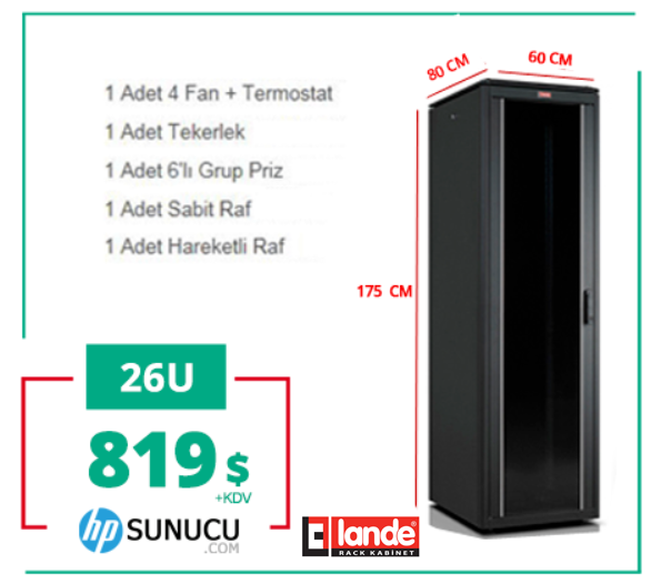 26U 600x1000x1342mm Lande DYNAmic Dikili Tip Rack Server Kabinet (PDDM2661)
