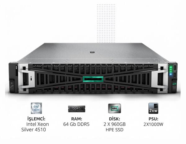 HPE Srv DL380 Gen11 1*Xeon Silver 4510 (12C/2.4GHz) 64GB DDR5 2x960GB HPE SSD (8x2.5”) MR408i o/4GB 4x1GbE ILO Std. 2x1000W PSU 2U Rack - P71674-425
