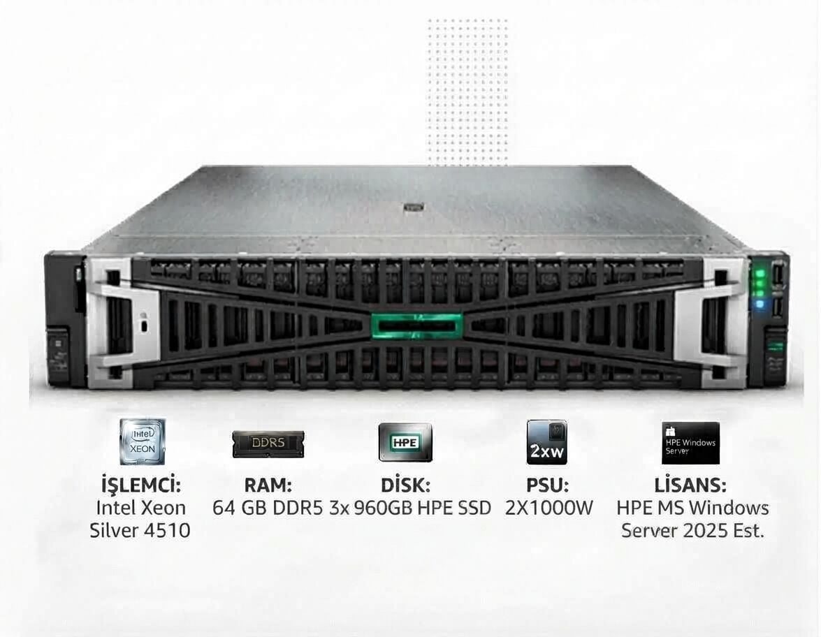 HPE Srv DL380 Gen11 1*Xeon Silver 4510 (12C/2.4GHz) 64GB DDR5 3x960GB HPE SSD (8x2.5”) MR408i o/4GB 4x1GbE ILO Std. 2x1000W PSU 2U Rack + HPE MS Windows Server 2025 Essentials ROK Lisans
