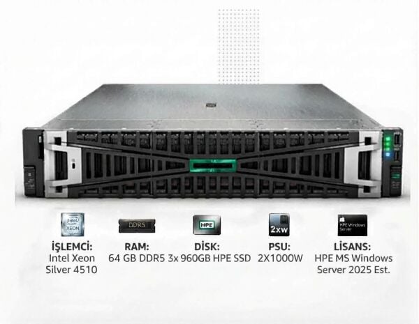 HPE Srv DL380 Gen11 1*Xeon Silver 4510 (12C/2.4GHz) 64GB DDR5 3x960GB HPE SSD (8x2.5”) MR408i o/4GB 4x1GbE ILO Std. 2x1000W PSU 2U Rack + HPE MS Windows Server 2025 Essentials ROK Lisans - görsel 1