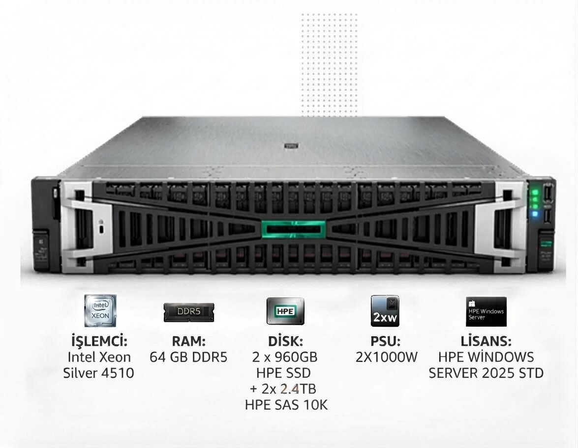 HPE Srv DL380 Gen11 1*Xeon Silver 4510 (12C/2.4GHz) 64GB DDR5 2x960GB HPE SSD + 2x2.4TB HPE SAS 10K (8x2.5”) MR408i o/4GB 4x1GbE ILO Std. 2x1000W PSU 2U Rack + HPE WINDOWS SERVER 2025 STANDART 16 CORE ROK LİSANS