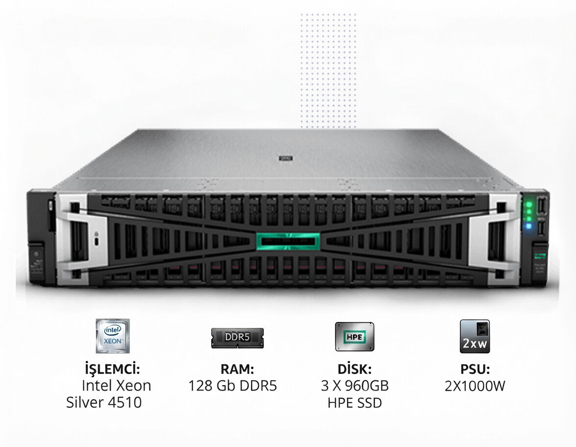 HPE Srv DL380 Gen11 1*Xeon Silver 4510 (12C/2.4GHz) 128GB DDR5 3x960GB HPE SSD (8x2.5”) MR408i o/4GB 4x1GbE ILO Std. 2x1000W PSU 2U Rack