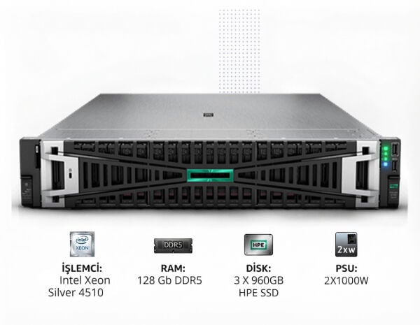 HPE Srv DL380 Gen11 1*Xeon Silver 4510 (12C/2.4GHz) 128GB DDR5 3x960GB HPE SSD (8x2.5”) MR408i o/4GB 4x1GbE ILO Std. 2x1000W PSU 2U Rack