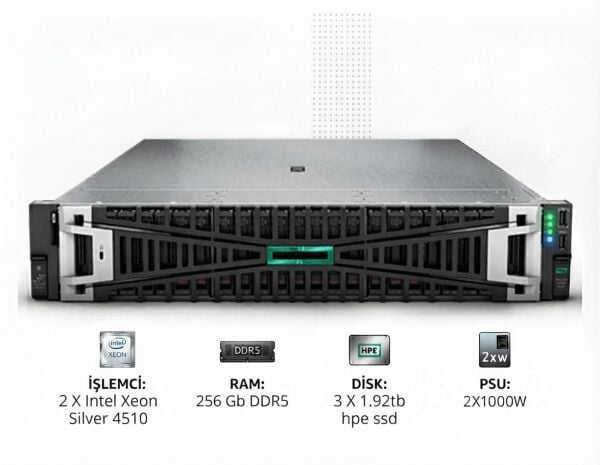 HPE Srv DL380 Gen11 2*Xeon Silver 4510 (12C/2.4GHz) 256GB DDR5 3x1.92TB HPE SSD (8x2.5”) MR408i o/4GB 4x1GbE ILO Std. 2x1000W PSU 2U Rack