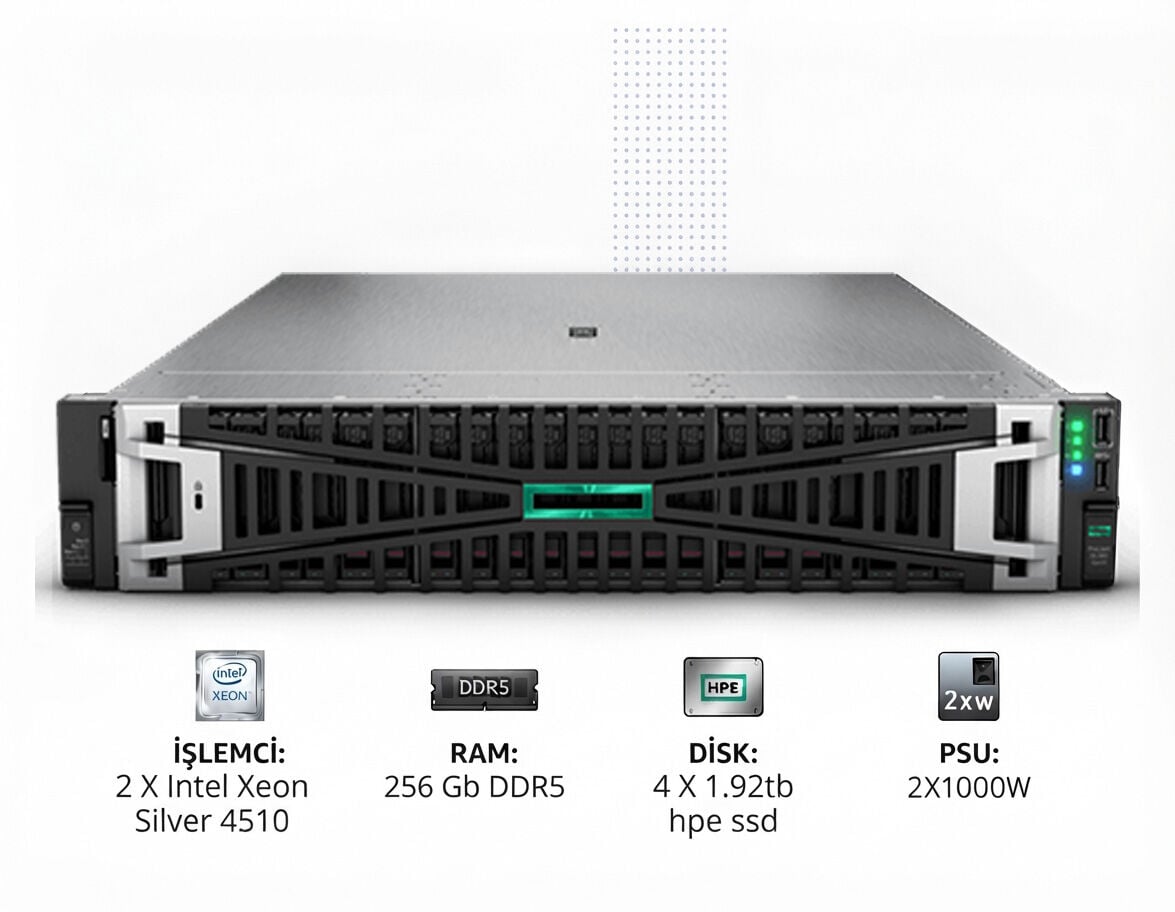 HPE DL380 Gen11 Sunucu - 2x Xeon Silver 4510, 256GB, 4x1.92TB SSD