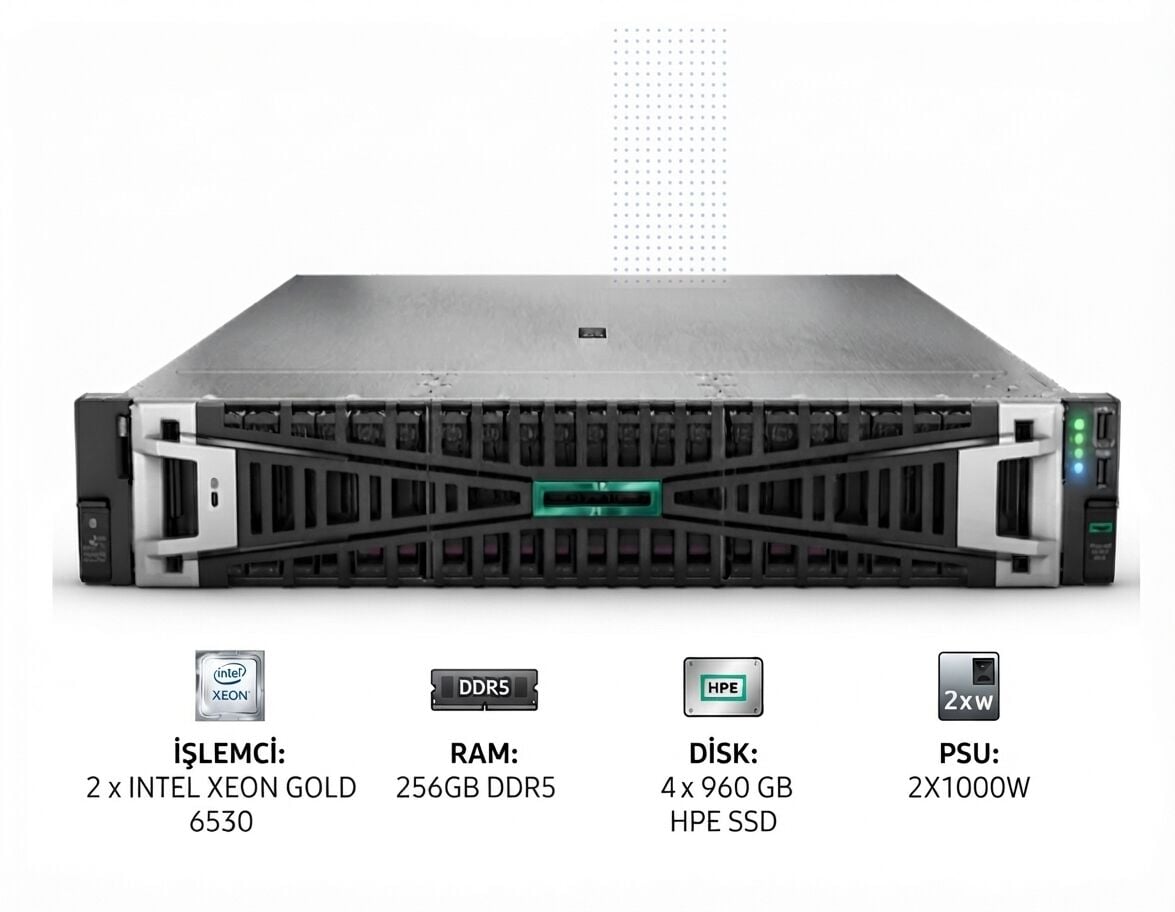 HPE Srv DL380 Gen11 2*Xeon Gold 6530 (32C/2.1GHz) 256GB DDR5 4x960GB HPE SSD (8x2.5”) MR416i o/8GB 2x10/25GbE SFP+ 4x1GbE ILO Std. 2x1000W PSU 2U Rack