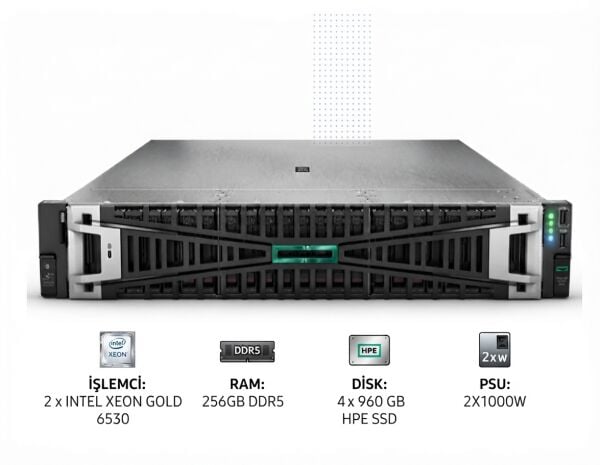 HPE Srv DL380 Gen11 2*Xeon Gold 6530 (32C/2.1GHz) 256GB DDR5 4x960GB HPE SSD (8x2.5”) MR416i o/8GB 2x10/25GbE SFP+ 4x1GbE ILO Std. 2x1000W PSU 2U Rack