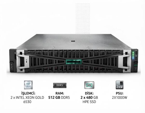HPE Srv DL380 Gen11 2*Xeon Gold 6530 (32C/2.1GHz) 512GB DDR5 (8x64GB HPE 5600MHz) 2x480GB HPE SSD (8x2.5”) MR416i o/8GB 2x10/25GbE SFP+ 4x1GbE ILO Std. 2x1000W PSU 2U Rack