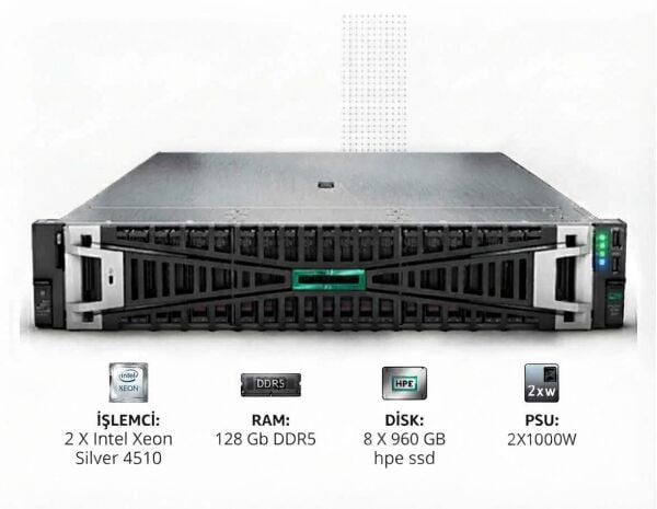 HPE Srv DL380 Gen11 2*Xeon Silver 4510 (12C/2.4GHz) 128GB DDR5 (4x32GB HPE 5600MHz) 8x960GB HPE SSD (8x2.5”) MR408i o/4GB 4x1GbE ILO Std. 2x1000W PSU 2U Rack